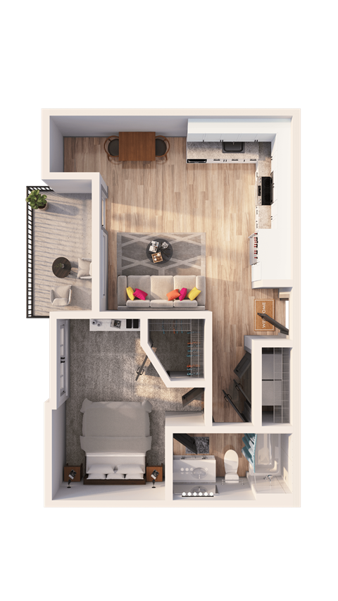 A top-down view of a small, neatly organized apartment with a kitchen, living room, and bathroom.